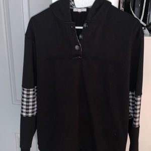 Maurices black and white flannel for the hood and elbow patches, black sweater